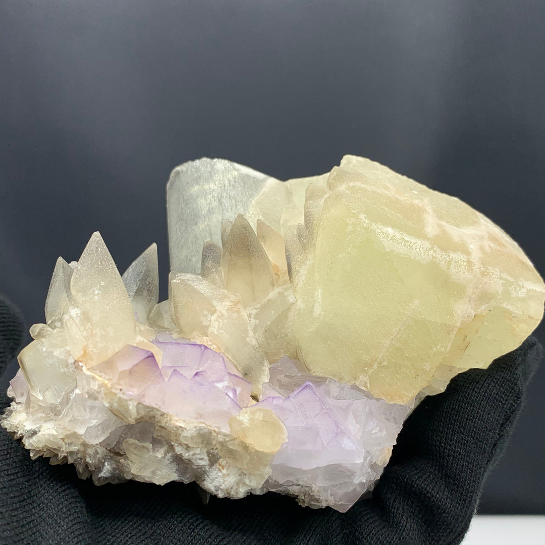 Dog Tooth Calcite With Purple Fluorite Specimen - Glitter Gemstones