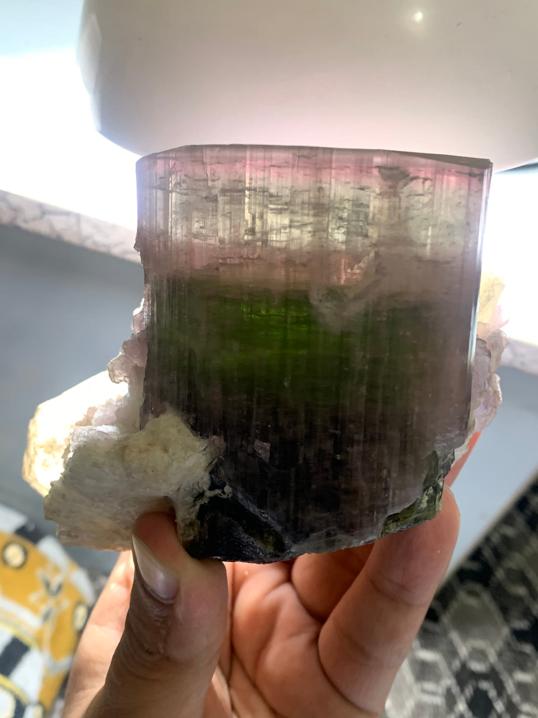 845 Grams Eye Catching Tri-Color Tourmaline Attached With Quartz And Fluorite
