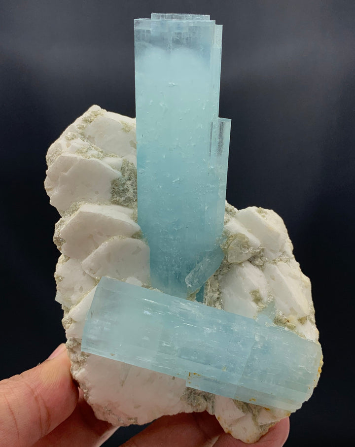 Dual Elongated Aquamarine Crystals Attached With Feldspar Specimen
