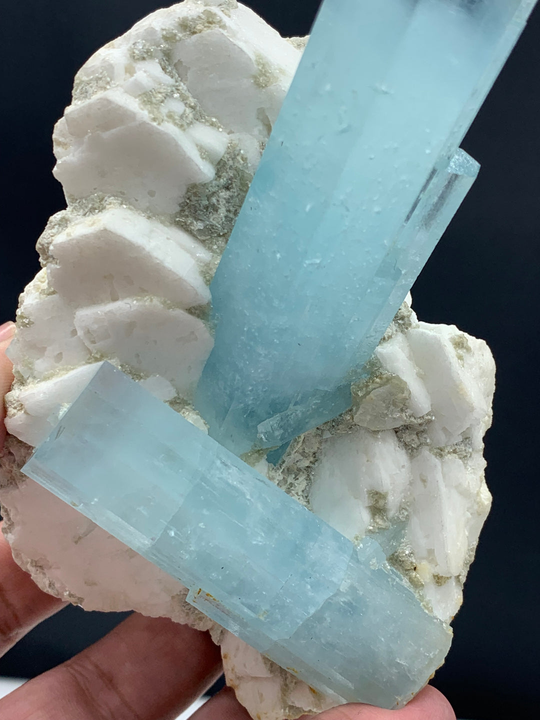 Dual Elongated Aquamarine Crystals Attached With Feldspar Specimen