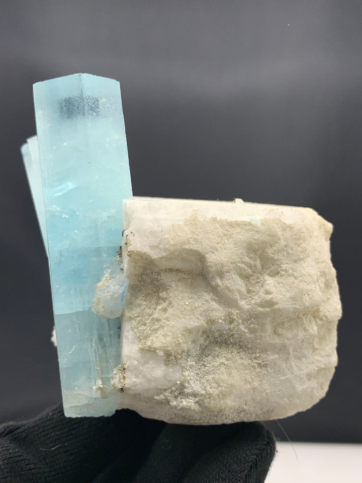 Spectacular Dual Aquamarine Crystals Attached On Feldspar Specimen