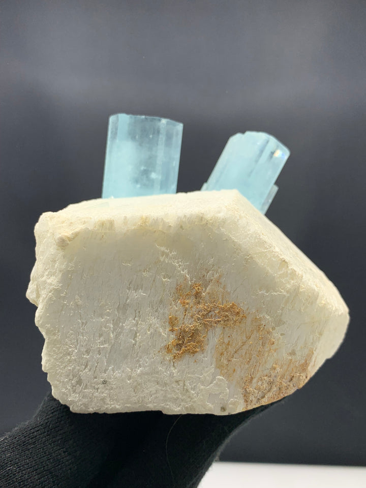Spectacular Dual Aquamarine Crystals Attached On Feldspar Specimen